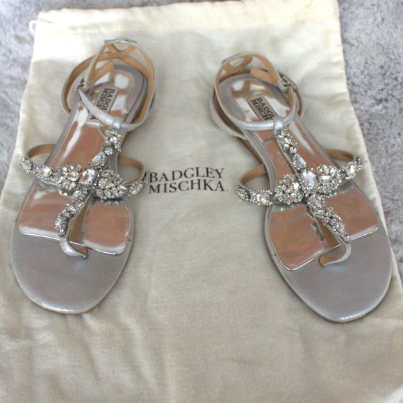 Badgley Mischka Melinda II Embellished Crystal Evening Sandals w/ bag | Silver 7 - Picture 7 of 13